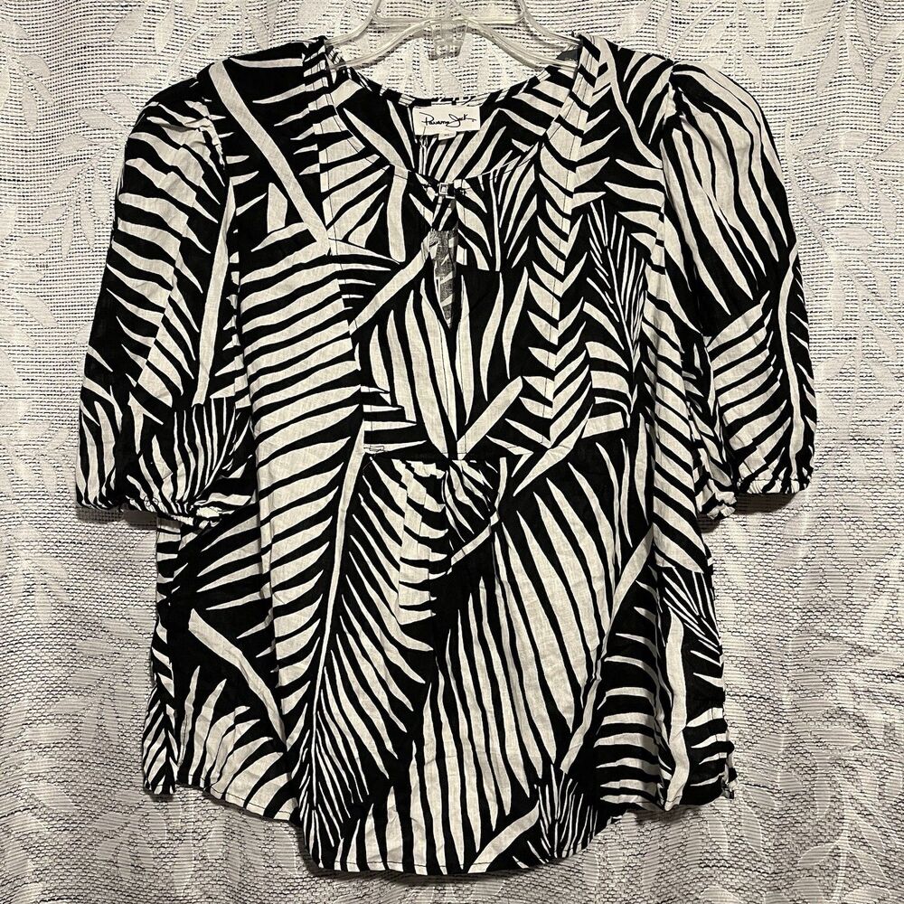 Panama Jack peasant-style blouse Women's XL black and ivory linen blend